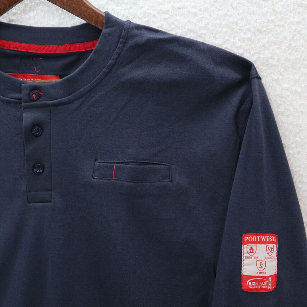 Portwest T-Shirt Men's Large FR32 Bizflame Flame Resistant Henley Long Sleeve - Picture 3 of 13